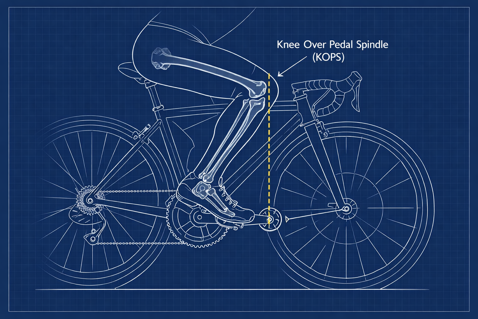 Blueprint diagram illustrating the Knee Over Pedal Spindle (KOPS) concept used in professional bike fitting and biomechanics.