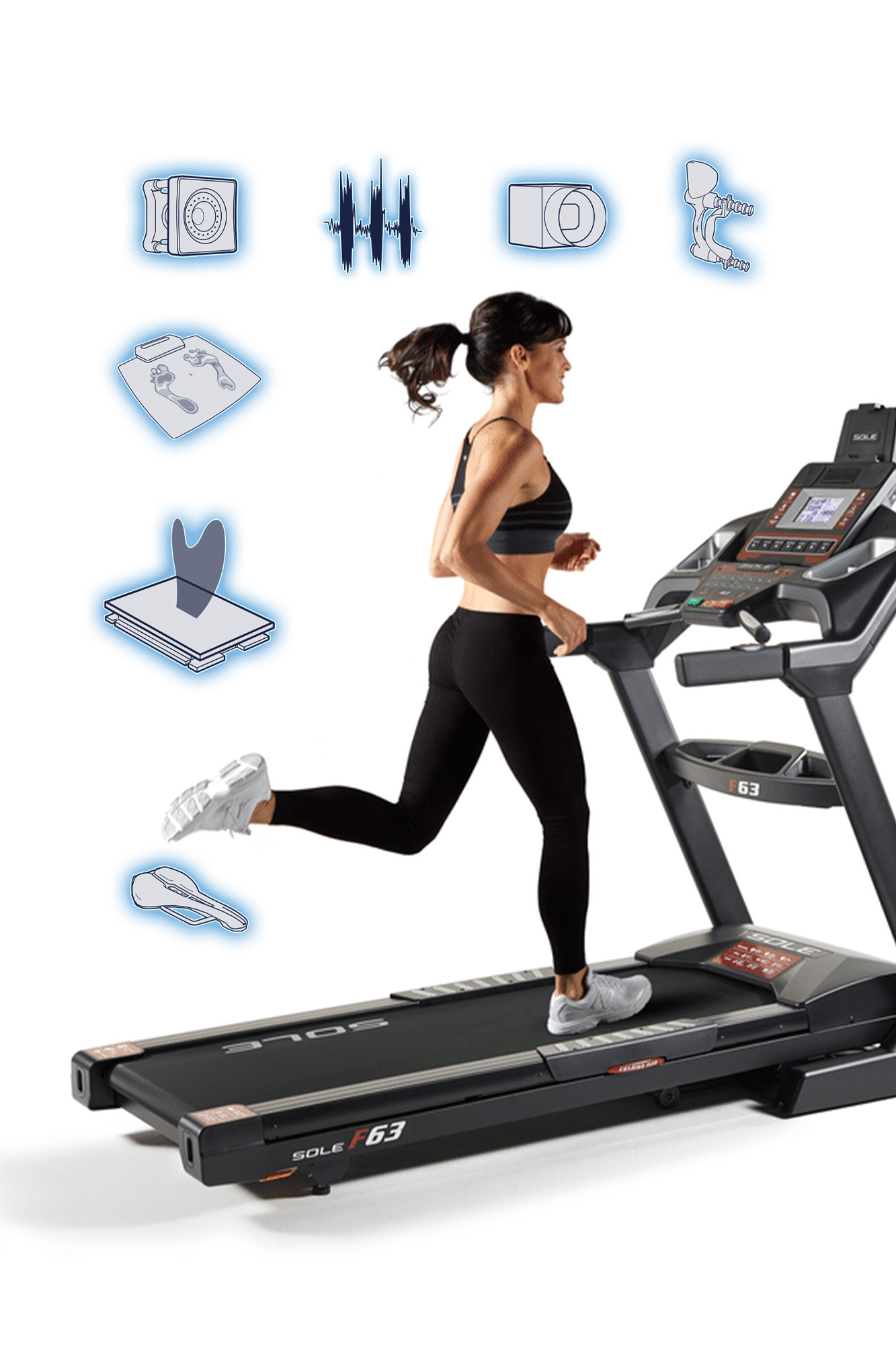 Woman running on a SOLE F63 treadmill, surrounded by blue icons representing different hardware tools for biomechanical analysis.
