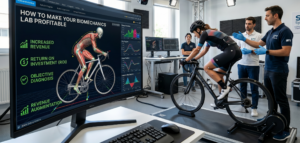 High-tech biomechanics lab featuring a cyclist being analyzed with STT Systems 3D motion capture technology. A large monitor in the foreground displays a comprehensive ROI guide titled 'How to make your biomechanics lab profitable' with metrics for increased revenue, objective diagnosis, and return on investment.
