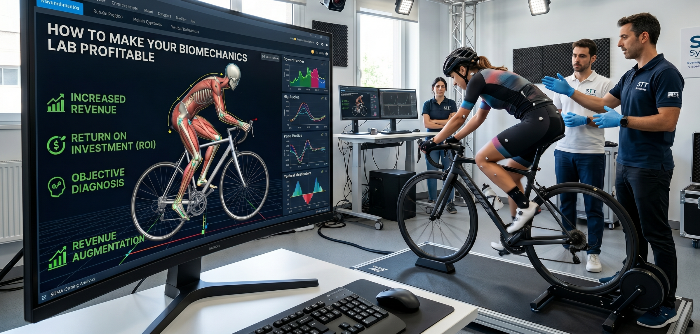 High-tech biomechanics lab featuring a cyclist being analyzed with STT Systems 3D motion capture technology. A large monitor in the foreground displays a comprehensive ROI guide titled 'How to make your biomechanics lab profitable' with metrics for increased revenue, objective diagnosis, and return on investment.