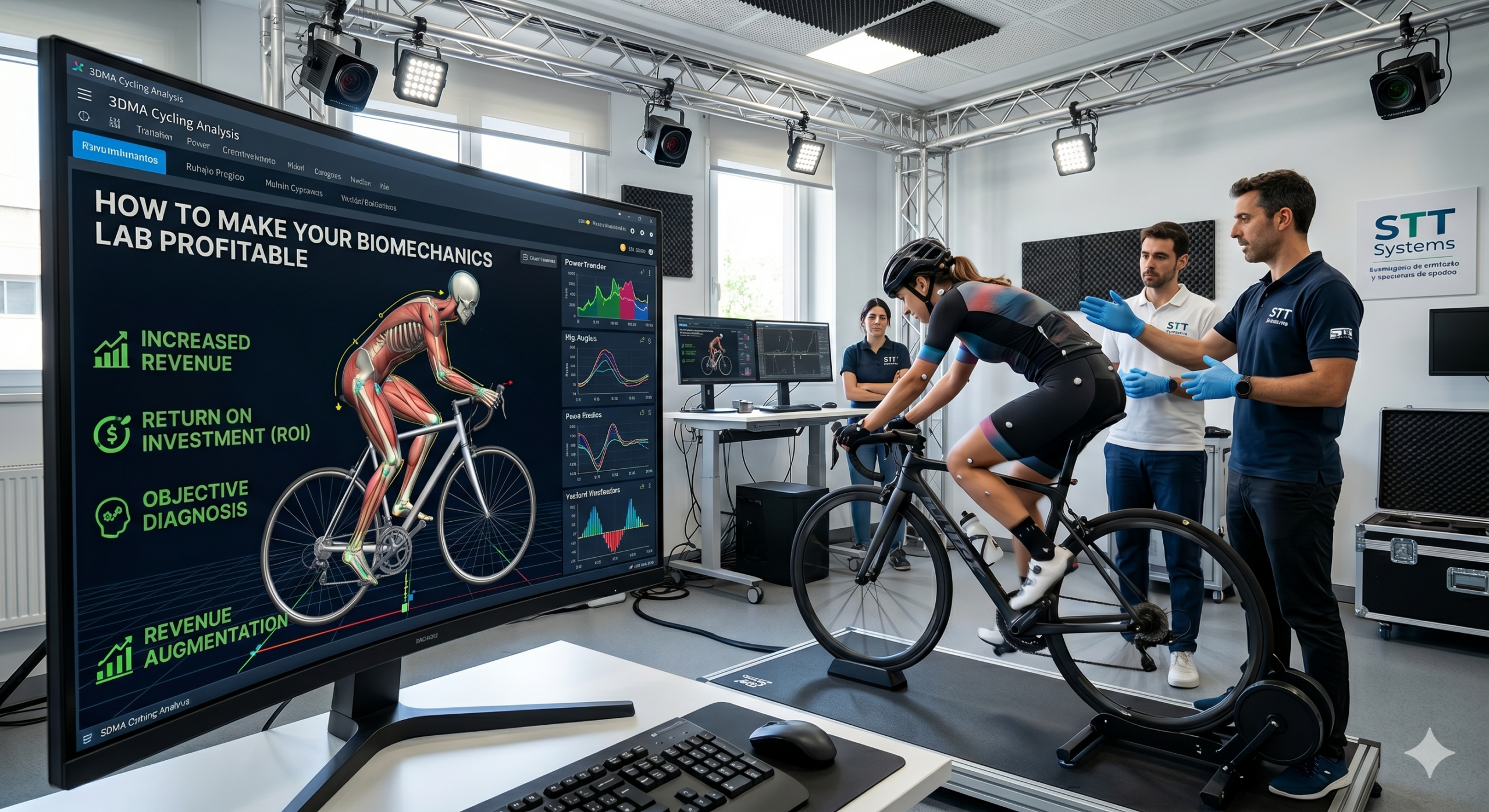 High-tech biomechanics lab featuring a cyclist being analyzed with STT Systems 3D motion capture technology. A large monitor in the foreground displays a comprehensive ROI guide titled 'How to make your biomechanics lab profitable' with metrics for increased revenue, objective diagnosis, and return on investment.