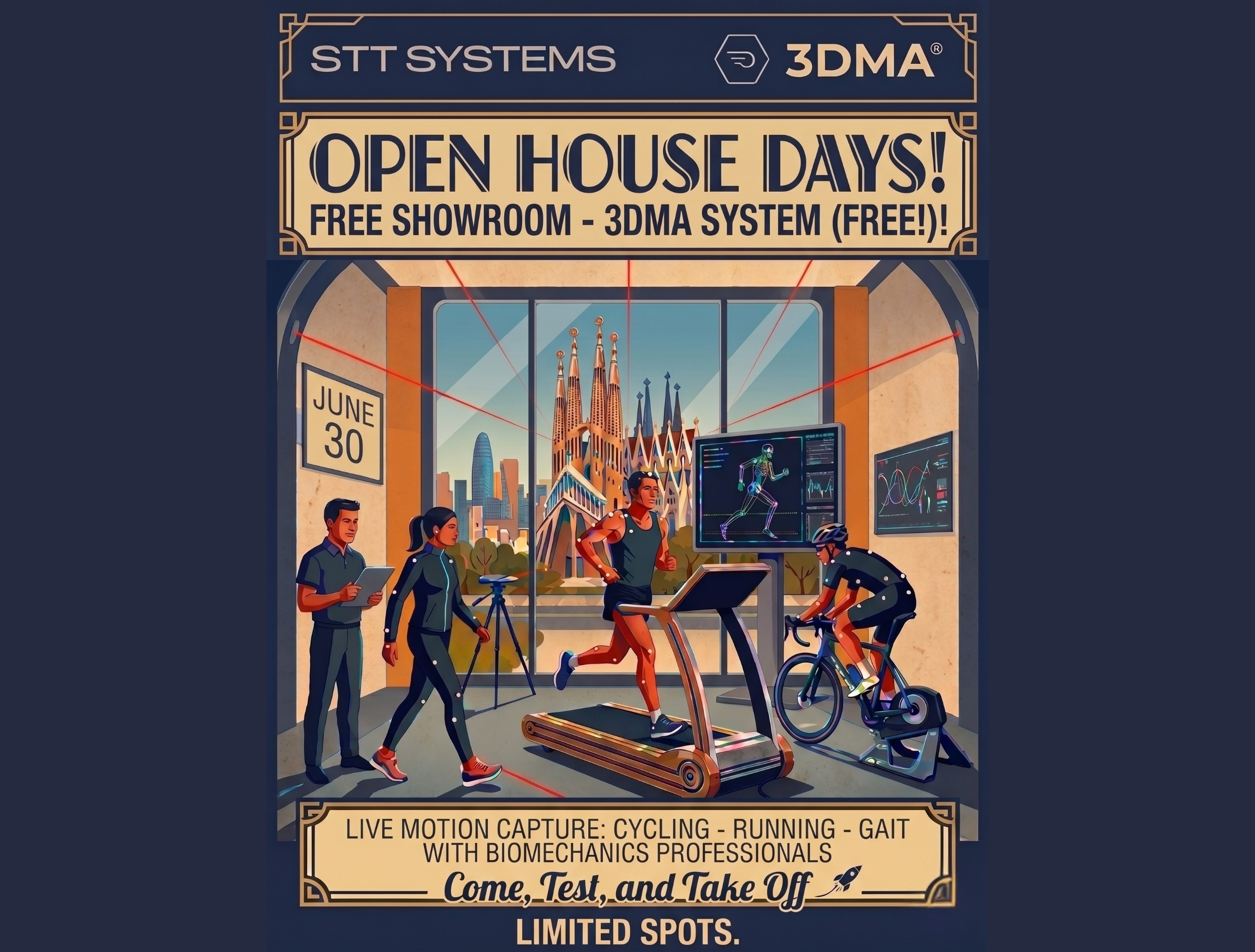 Cartel publicitario de estilo vintage y retro-futurista para las Jornadas de Puertas Abiertas de STT Systems y 3DMA. La imagen principal muestra un laboratorio de captura de movimiento de alta tecnología con vistas al horizonte de Barcelona, incluyendo la Sagrada Familia, a través de un gran ventanal. En el interior, cuatro personas participan: un técnico con polo oscuro y tableta observa, una mujer camina con un traje de seguimiento biomecánico negro con marcadores, un hombre corre en una cinta de correr de diseño de madera con el mismo traje, y un ciclista está en una bicicleta estática inteligente (rodillo) con traje y marcadores. Líneas de láser rojo y puntos de seguimiento conectan a los atletas con monitores de ordenador que muestran gráficos esqueléticos y datos biomecánicos. Los textos principales en la parte superior son "OPEN HOUSE DAYS!" y "FREE SHOWROOM - 3DMA SYSTEM (FREE!)!". En la pared hay un calendario que dice "JUNE 30". En la parte inferior, un banner dorado detalla "LIVE MOTION CAPTURE: CYCLING - RUNNING - GAIT" con "WITH BIOMECHANICS PROFESSIONALS". Incluye un pequeño icono de cohete y el lema "Come, Test, and Take Off". Abajo del todo dice "LIMITED SPOTS.". El estilo es elegante, con colores azul marino, crema y dorado.