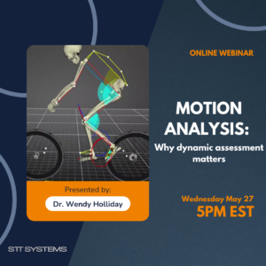Cartel promocional del webinar sobre análisis dinámico en bike fitting impartido por la Dra. Wendy Holliday, mostrando un modelo 3D de un ciclista.
