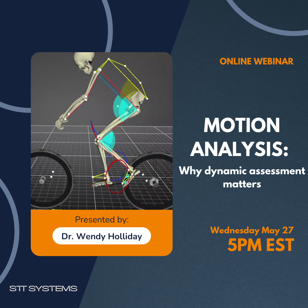 Cartel promocional del webinar sobre análisis dinámico en bike fitting impartido por la Dra. Wendy Holliday, mostrando un modelo 3D de un ciclista.