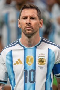 A close-up photograph of soccer player Lionel Messi. He has brown hair parted to the side, a full beard, and a serious expression looking straight ahead. He is wearing an Argentina national team jersey with black and light blue horizontal stripes. The white Adidas logo on the right side of his chest and the gold AFA (Argentine Football Association) crest with two stars on the left are clearly visible. The background is out of focus.