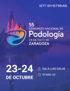 Poster for the 55th National Podiatry Congress in Zaragoza, from October 23 to 24, 2026, with the participation of STT Systems.